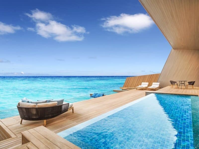 Overwater villa infinity pool overlooking the lagoon at St. Regis Vommuli